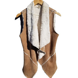 DOUBLE ZERO | Patchwork Faux Fur Lined Vegan Suede Thick Collar Vest Size Medium